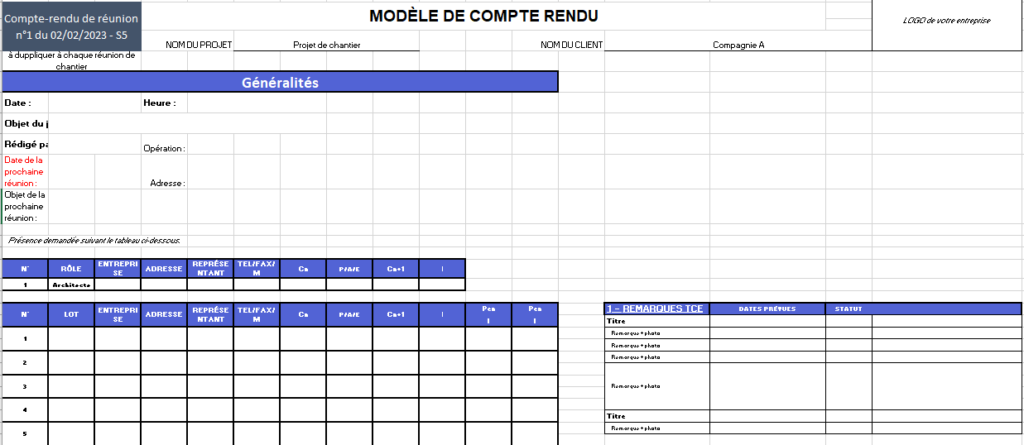 Aperçu fichier suivi chantier Excel à télécharger gratuitement 