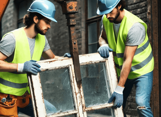 ouvrier deposant une fenetre pour la recycler, batiscript article explicatif sur le diagnostic pemd produits equipements materiaux dechets