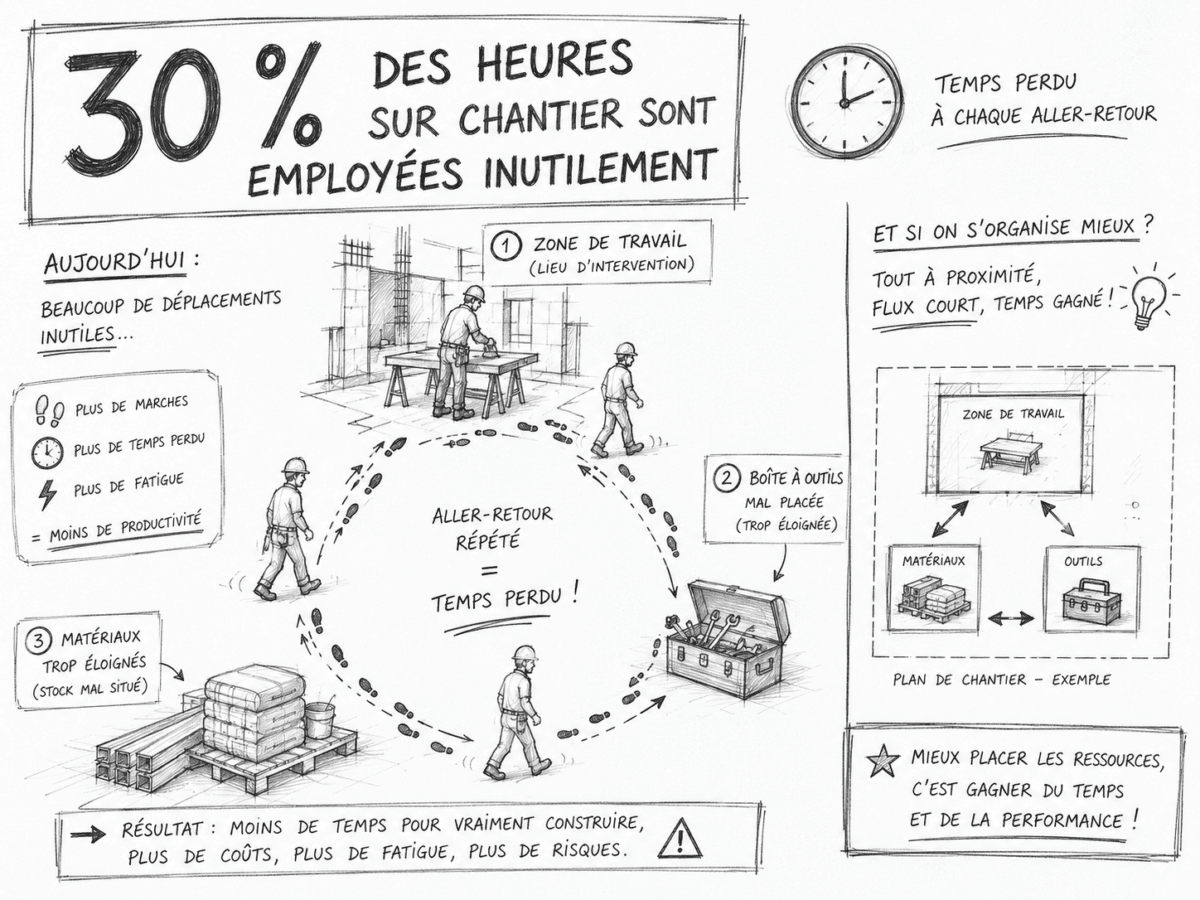Croquis montrant que 30 % des heures sur un chantier sont employées inutilement