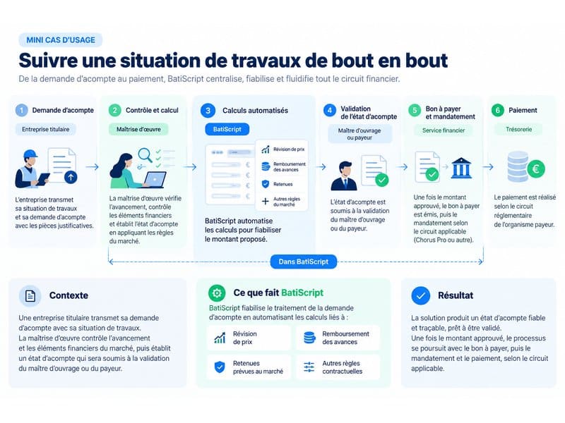 Parcours d’une demande d’acompte dans BatiScript, de la situation de travaux au paiement