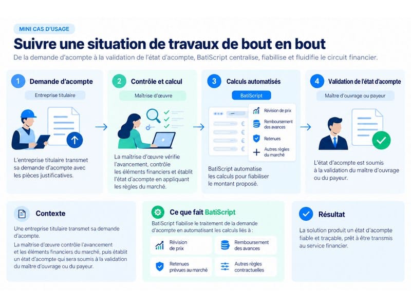 Parcours d’une demande d’acompte dans BatiScript, de la situation de travaux au paiement